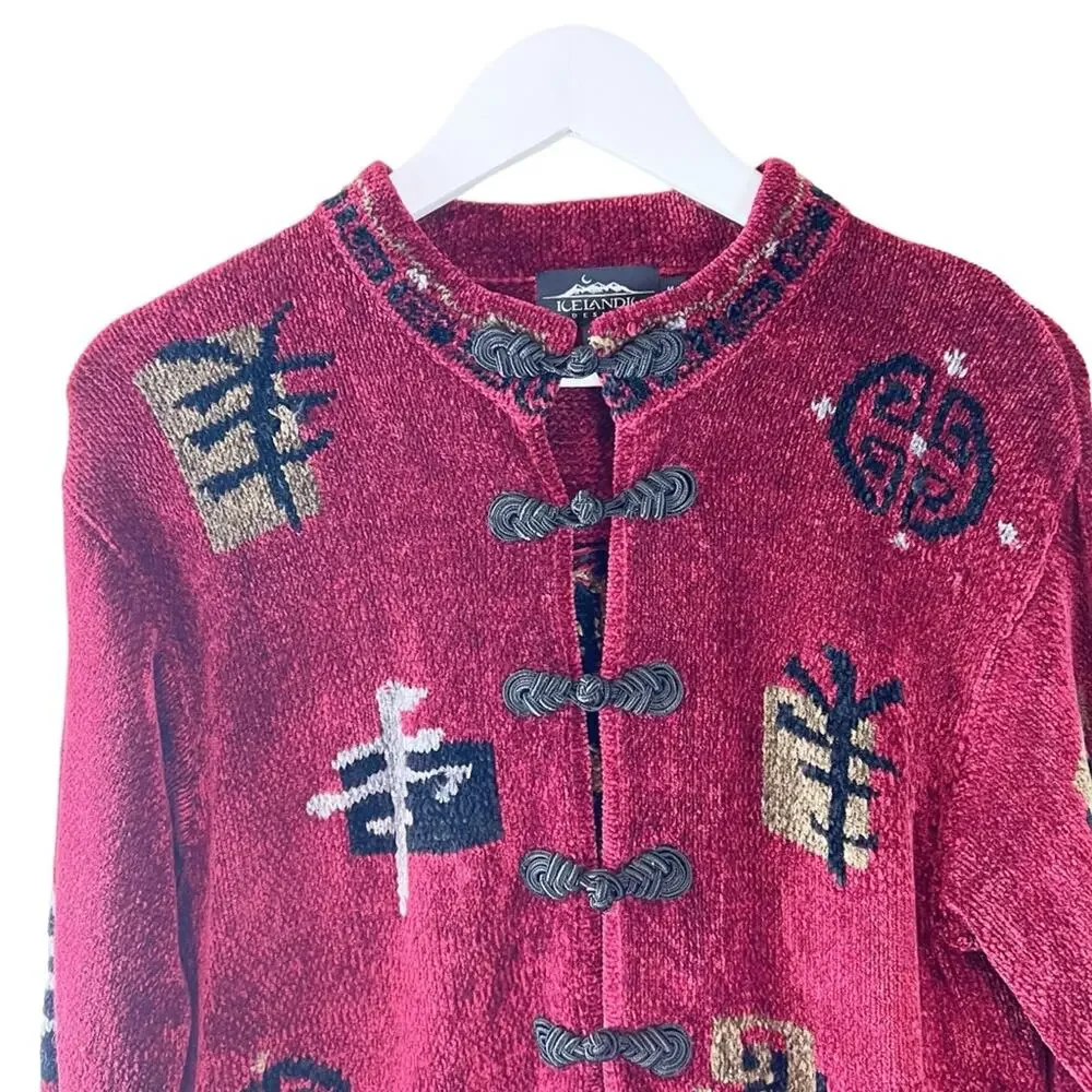 Icelandic Design Chenille Black Gold & Red‎ Iceland Symbol Soft Sweater Sz M